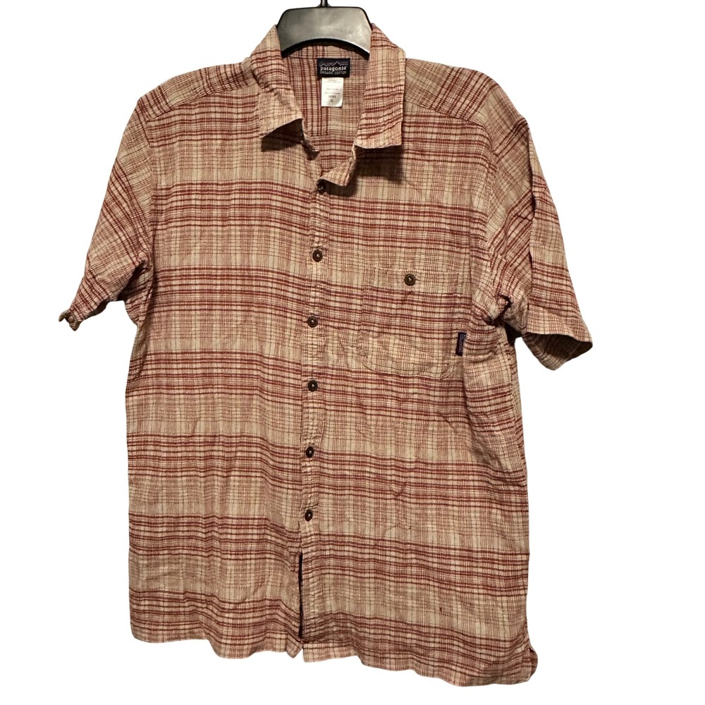 Patagonia Mens XL Organic Cotton Plaid Short Sleeve Button Down Shirt Red Tan